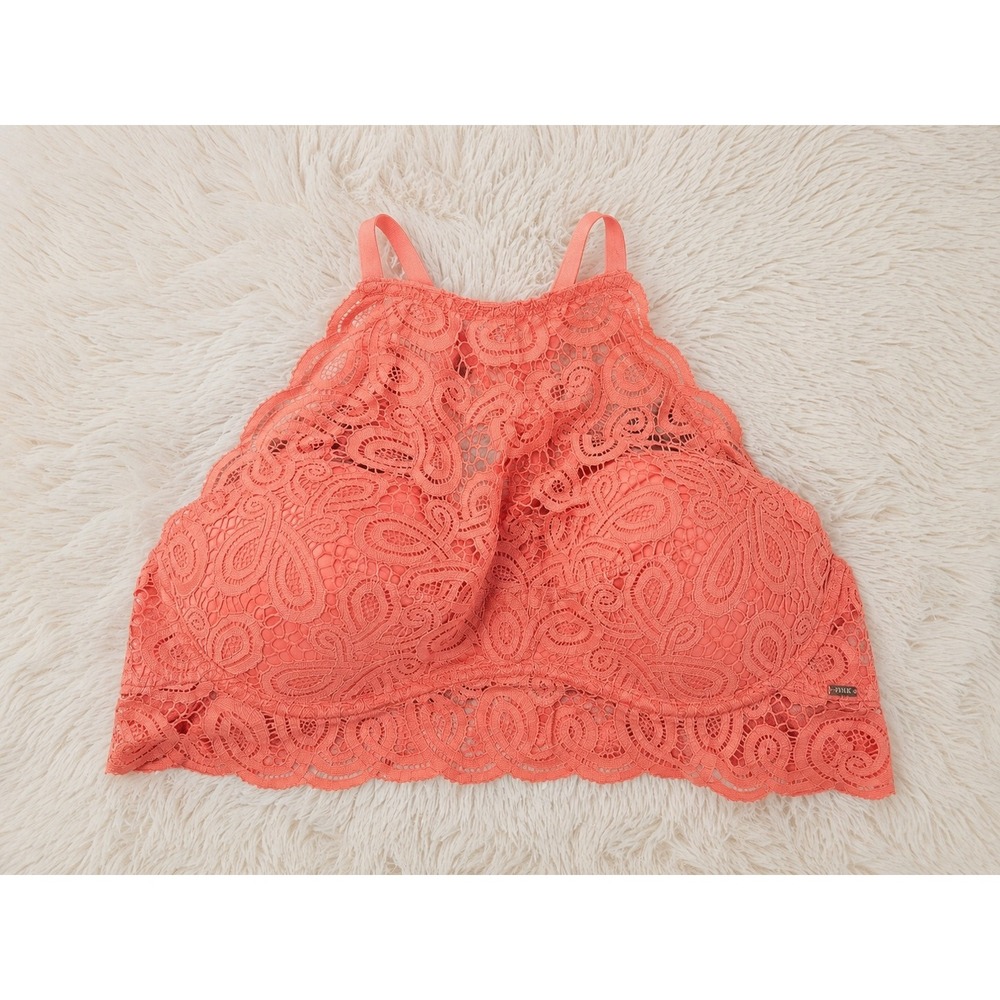 Victoria's Secret‎ PINK High Neck Push Up Lace Bralette Coral Orange XL NWT